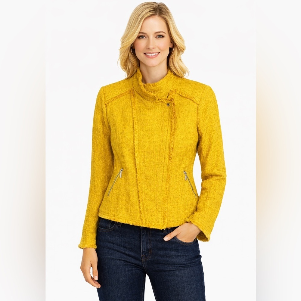 Carolina Belle Yellow Cotton Tweed Fringe Moto Jacket Women L